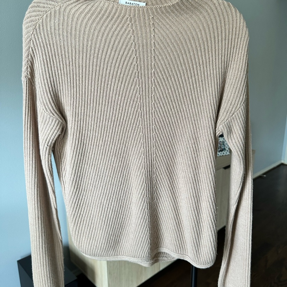 Babaton Taupe Ribbed Crew Neck Sweater